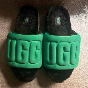 UGG Women's Slides with Green Straps and Black Fur